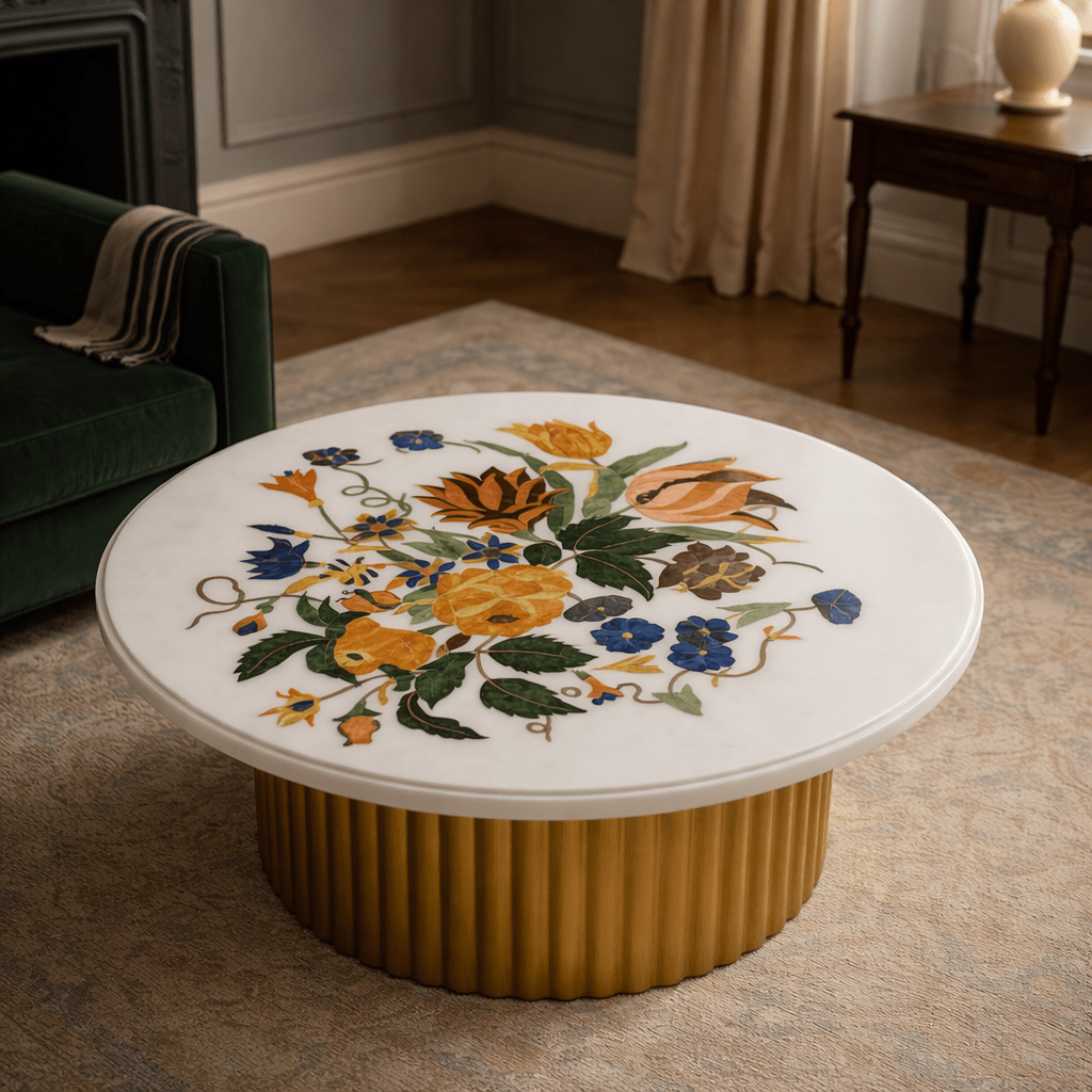 Golden Bloom Marble Inlay Table - Arteviah