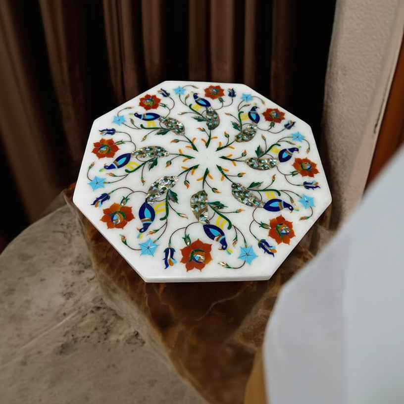 Peacock Whispers Marble Inlay Table