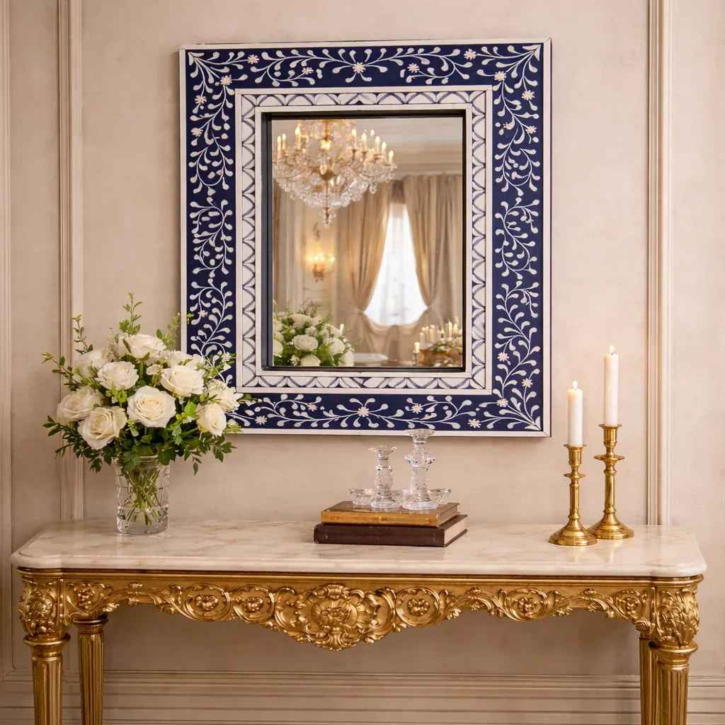 Indigo Bloom Bone Inlay Mirror